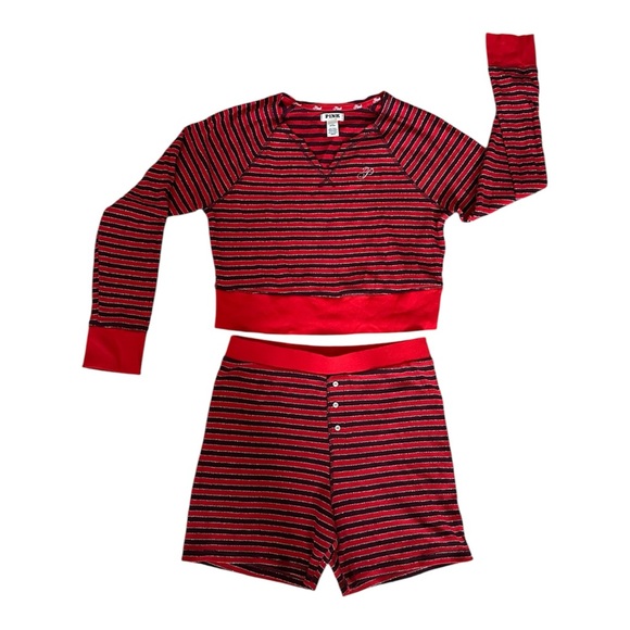 Pink Victorias Secret Thermal Short Pajama Set Bright Vermillion Lurex Stripes - Picture 3 of 3